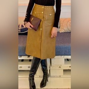 Zara faux leather tan midi skirt
